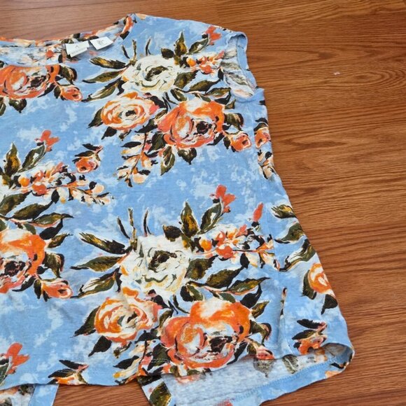 Joie Top Womens Large Blue Floral Linen Short Sleeve Casual Beachy Button Back - Picture 3 of 12